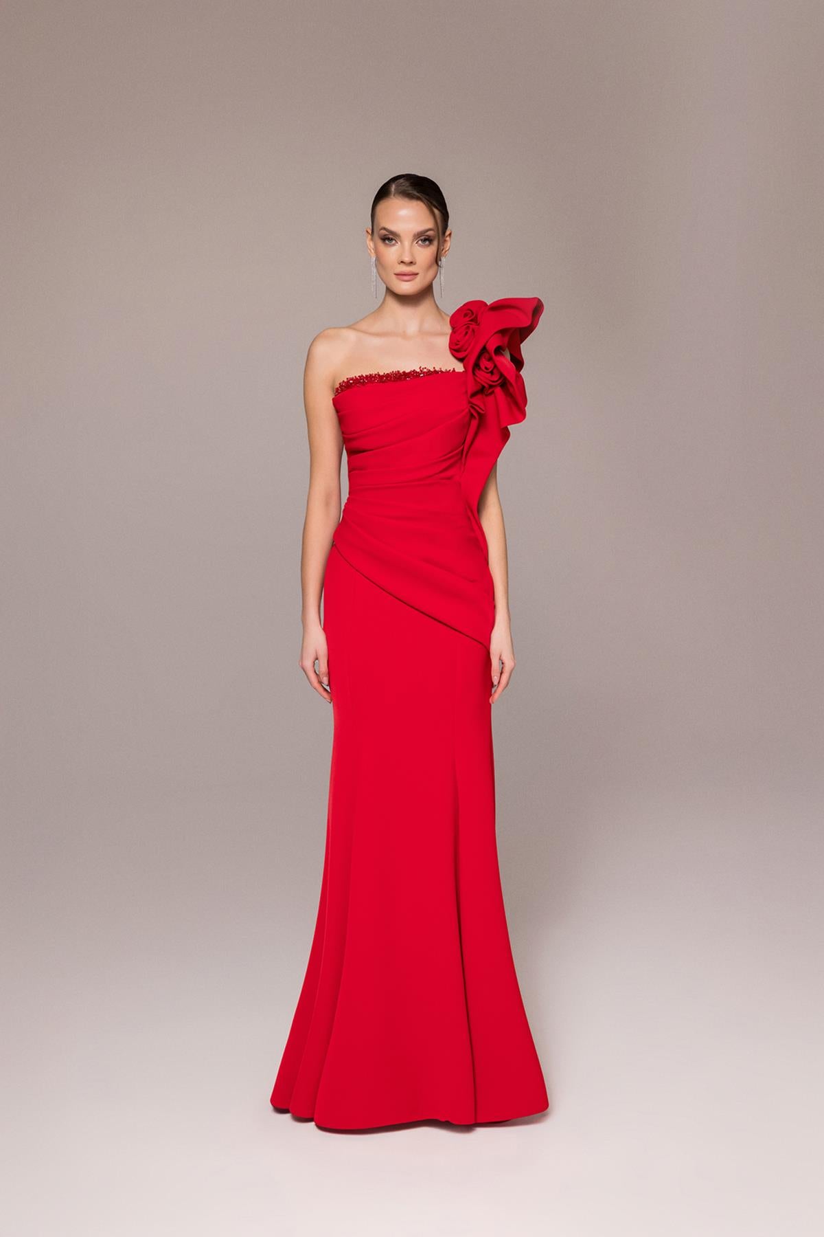 One Shoulder Embossed Rose Detailed Long Evening Dress
