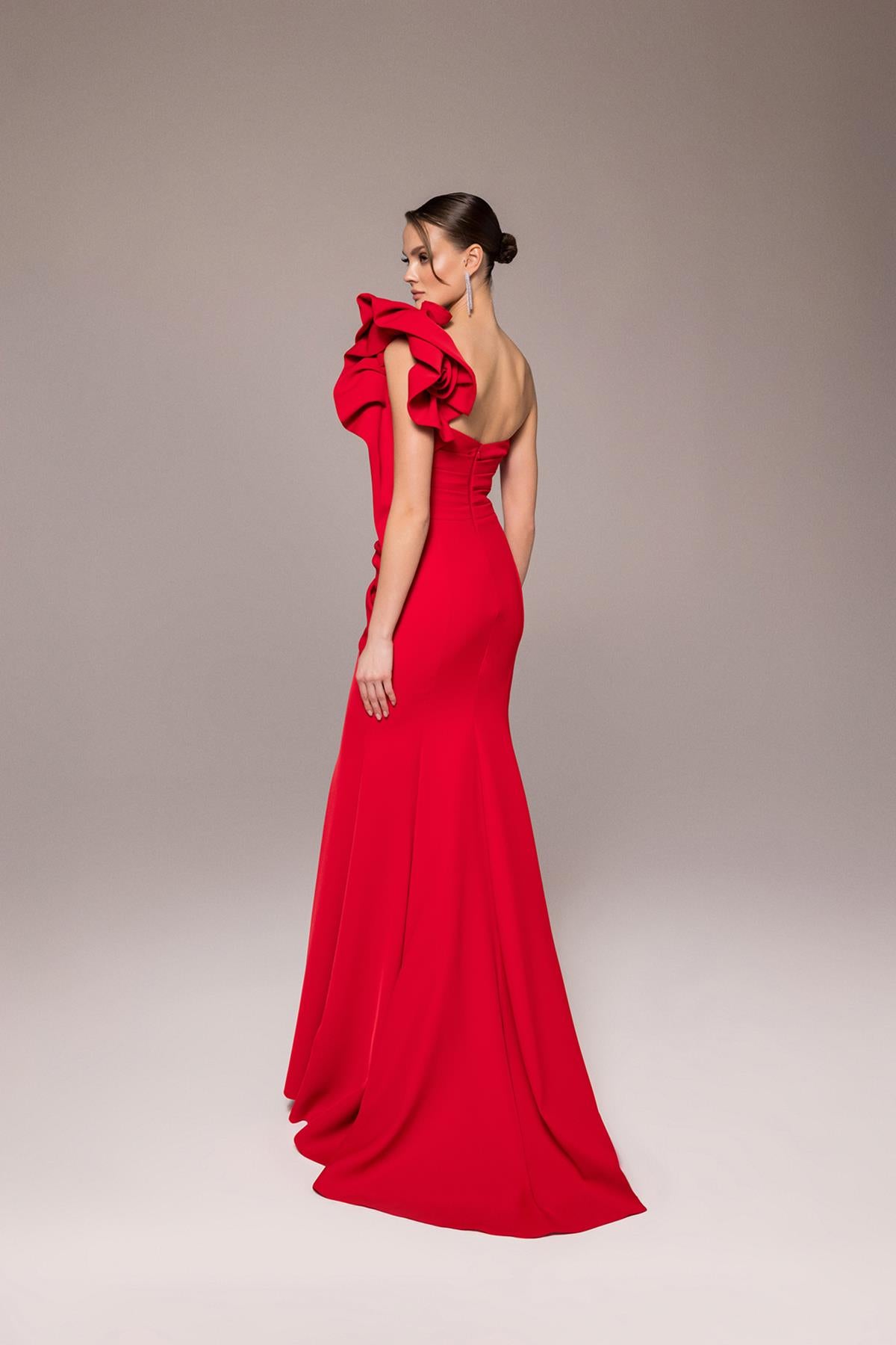 One Shoulder Embossed Rose Detailed Long Evening Dress