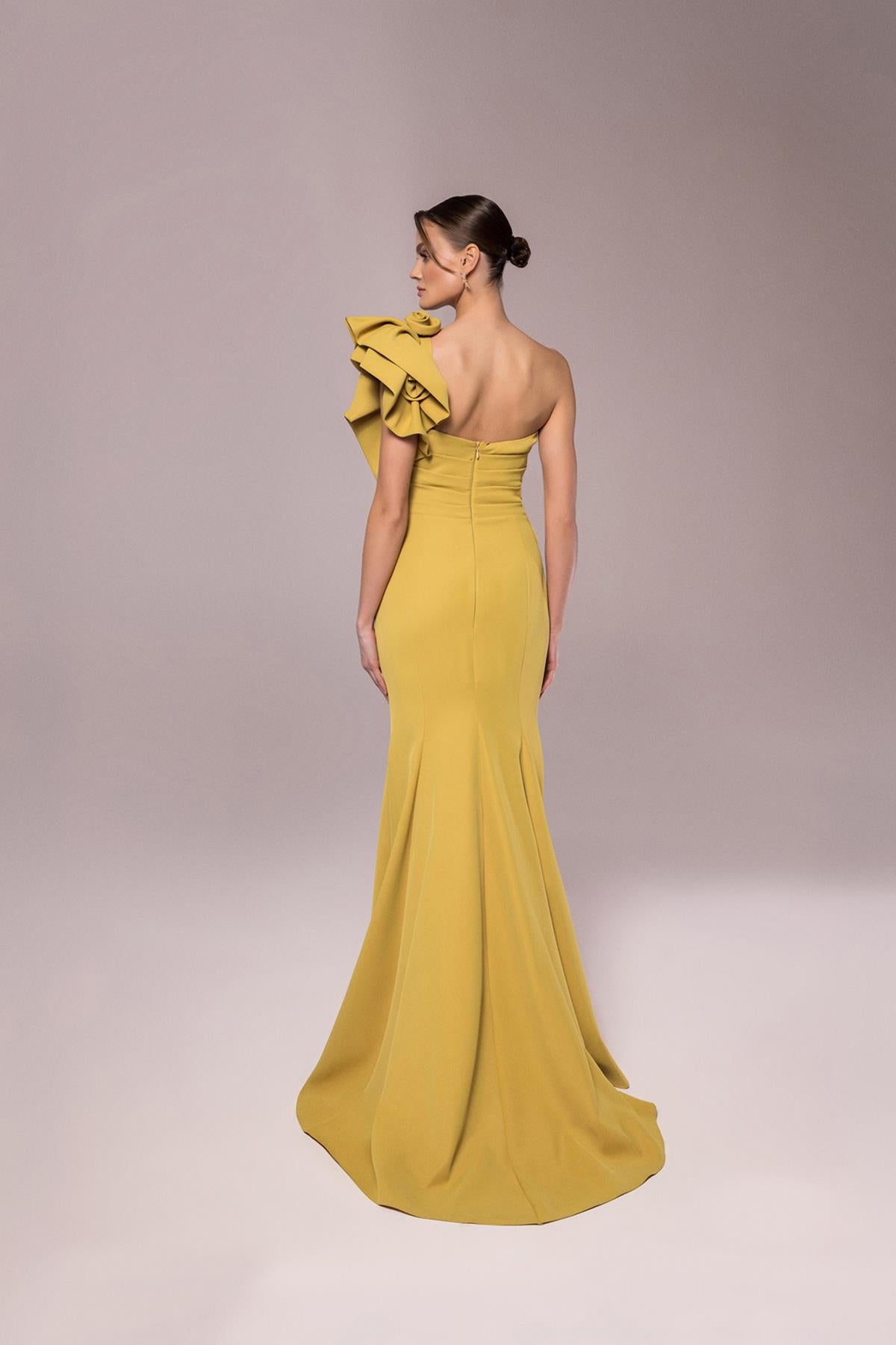 One Shoulder Embossed Rose Detailed Long Evening Dress