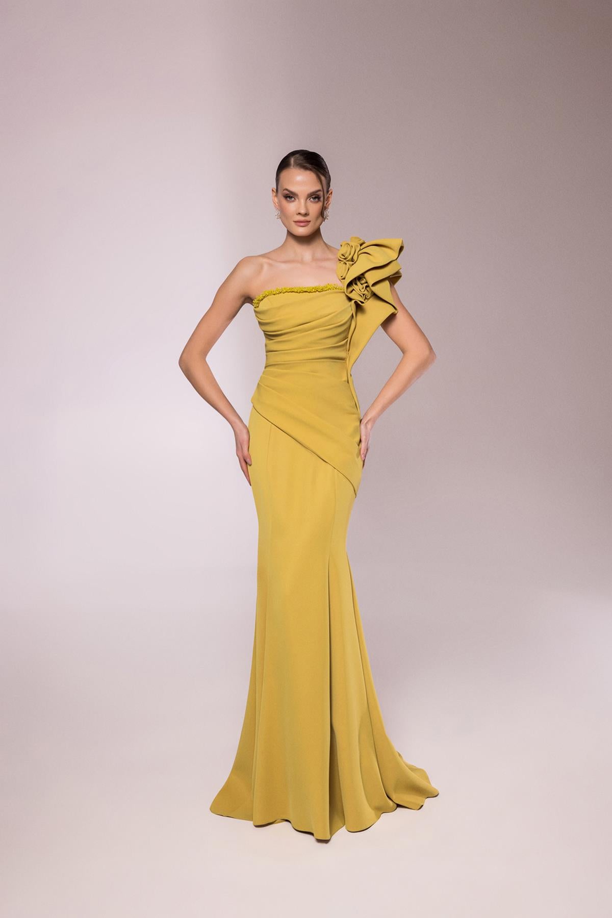 One Shoulder Embossed Rose Detailed Long Evening Dress