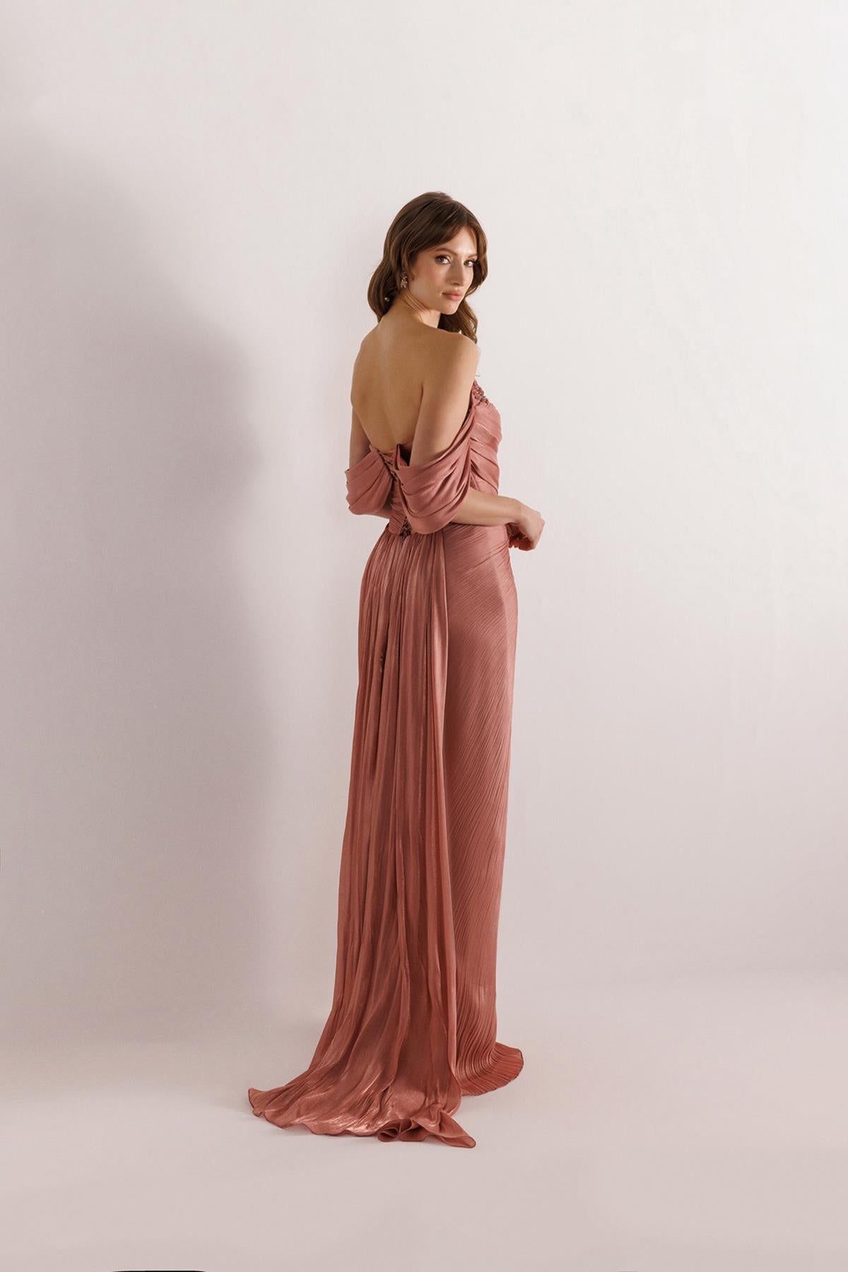 Chest Stone Embroidered Long Chiffon Evening Dress