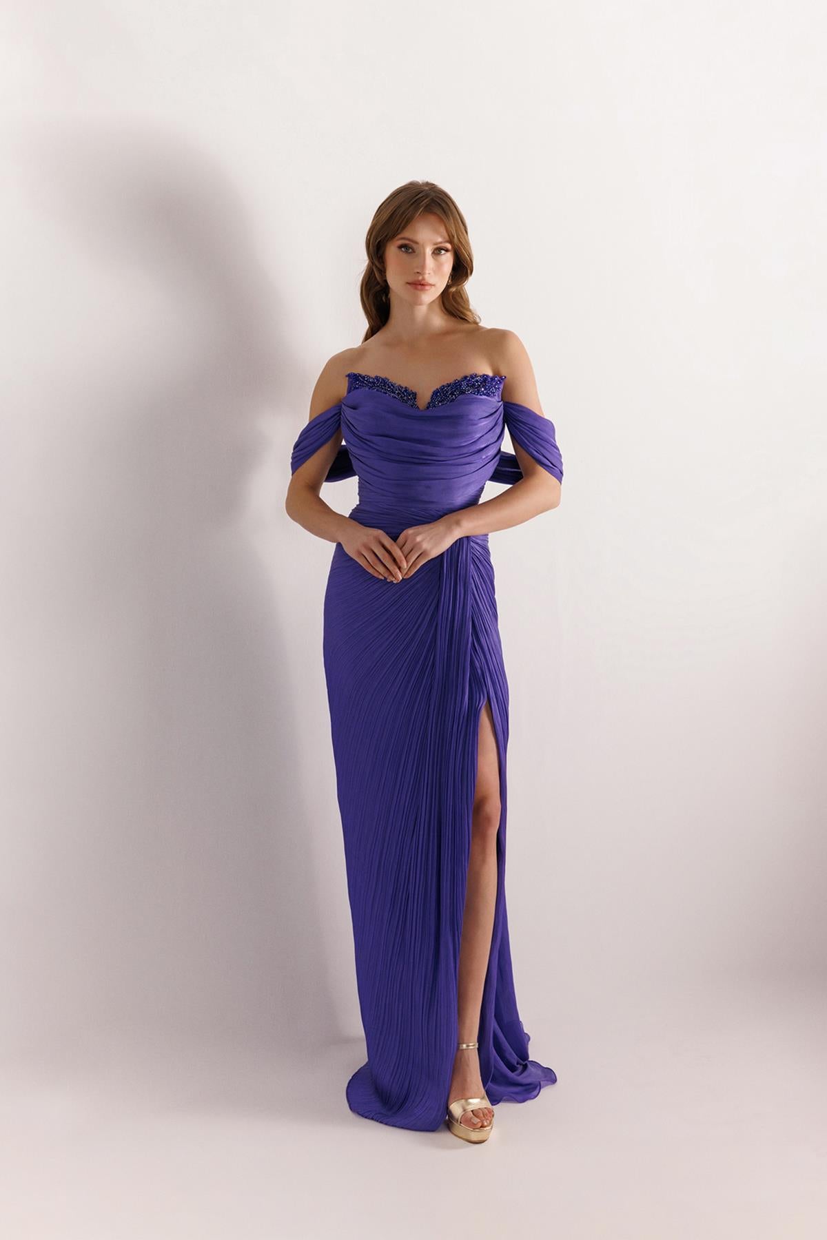 Chest Stone Embroidered Long Chiffon Evening Dress