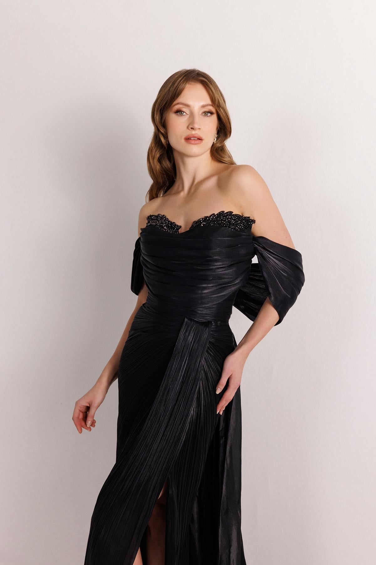 Chest Stone Embroidered Long Chiffon Evening Dress