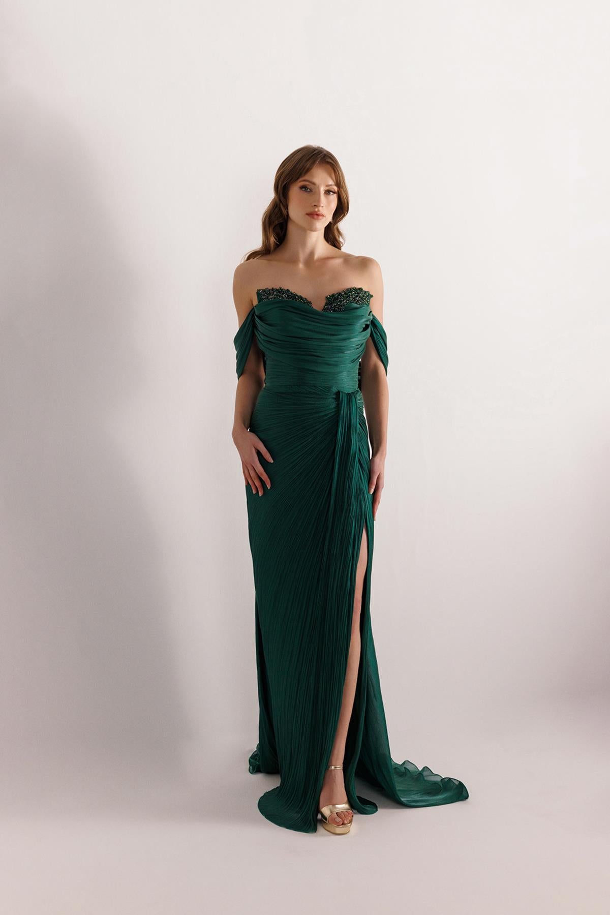 Chest Stone Embroidered Long Chiffon Evening Dress