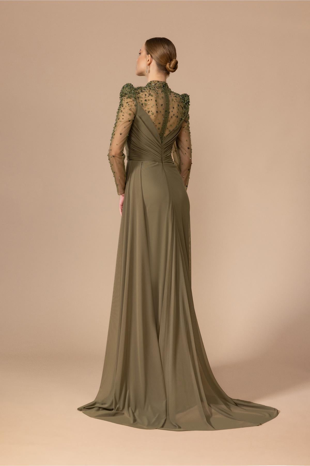 Long Evening Dress with Stone Embroidered Shoulders and Sleeves and Slits