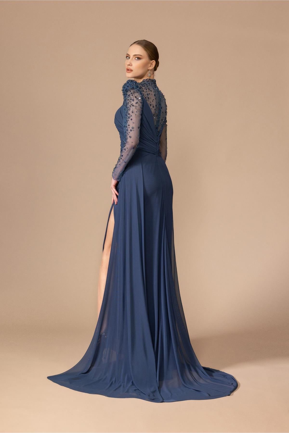 Long Evening Dress with Stone Embroidered Shoulders and Sleeves and Slits