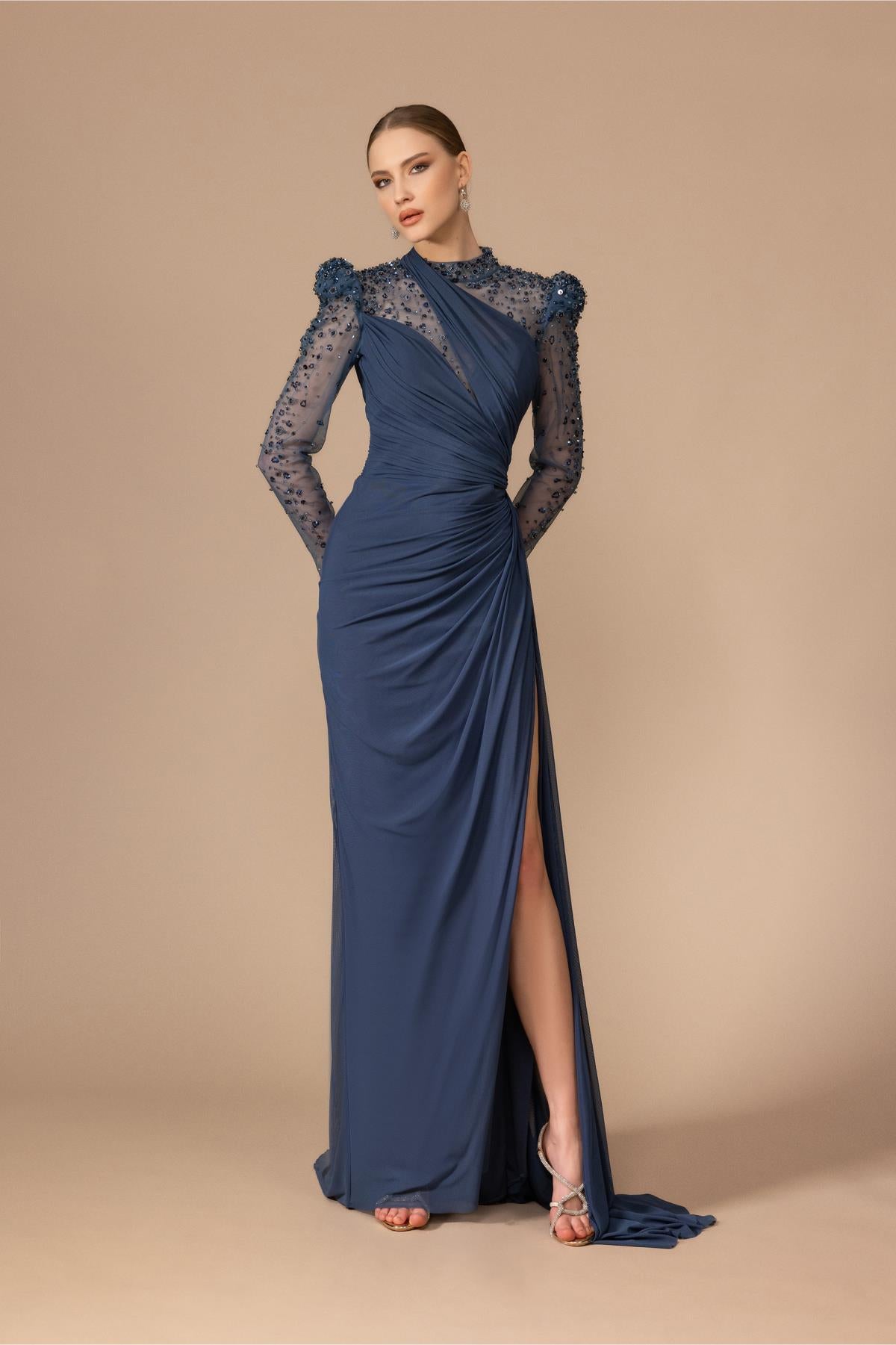 Long Evening Dress with Stone Embroidered Shoulders and Sleeves and Slits