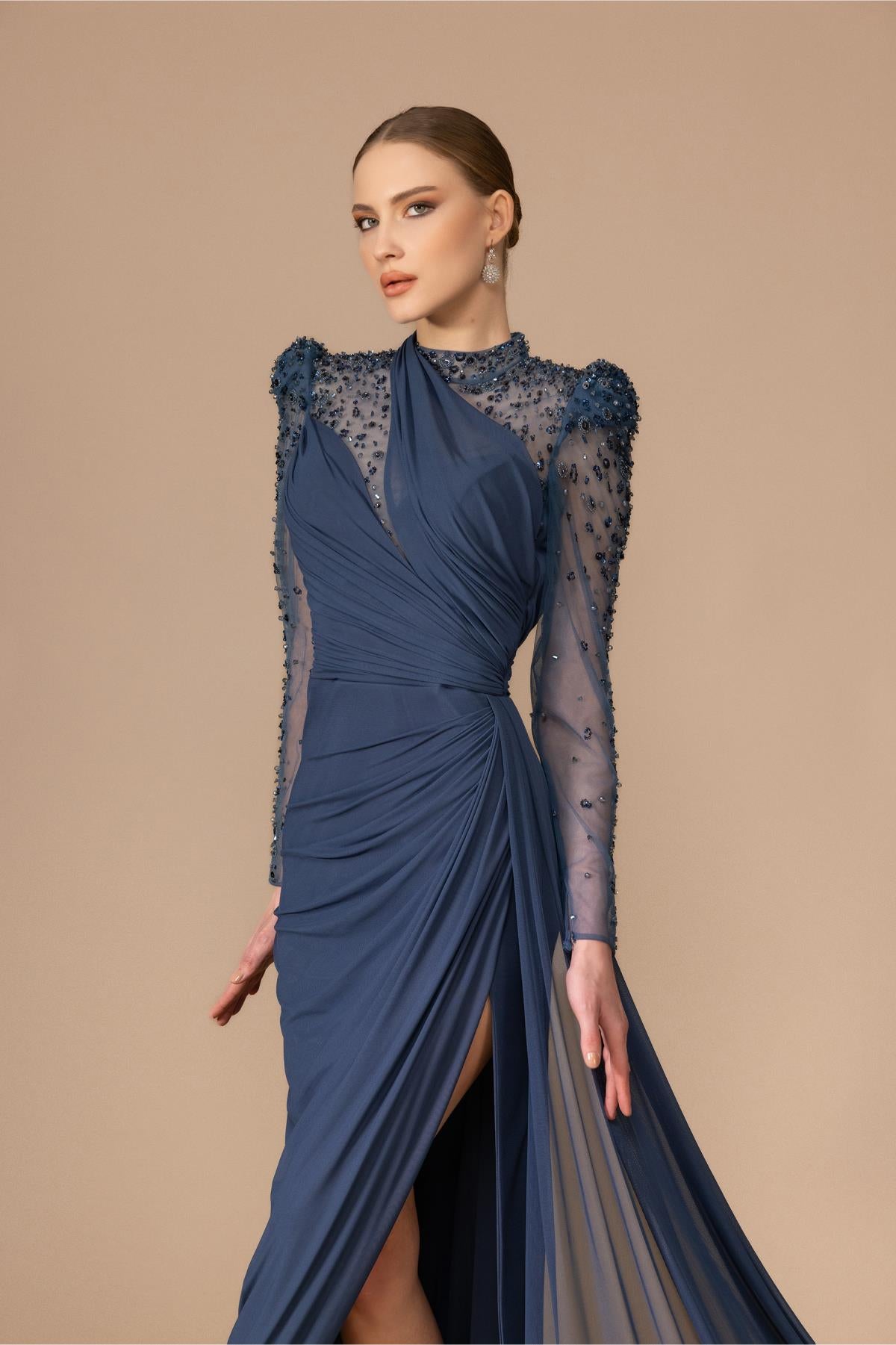 Long Evening Dress with Stone Embroidered Shoulders and Sleeves and Slits