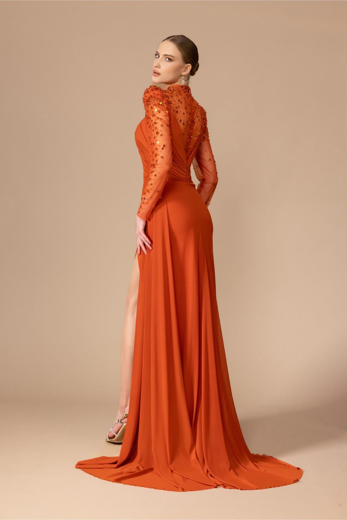 Long Evening Dress with Stone Embroidered Shoulders and Sleeves and Slits