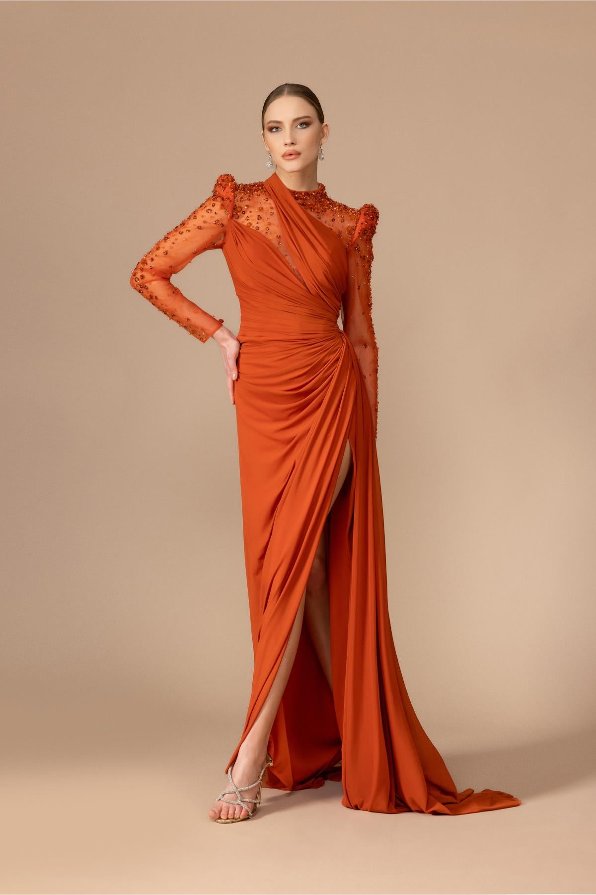Long Evening Dress with Stone Embroidered Shoulders and Sleeves and Slits