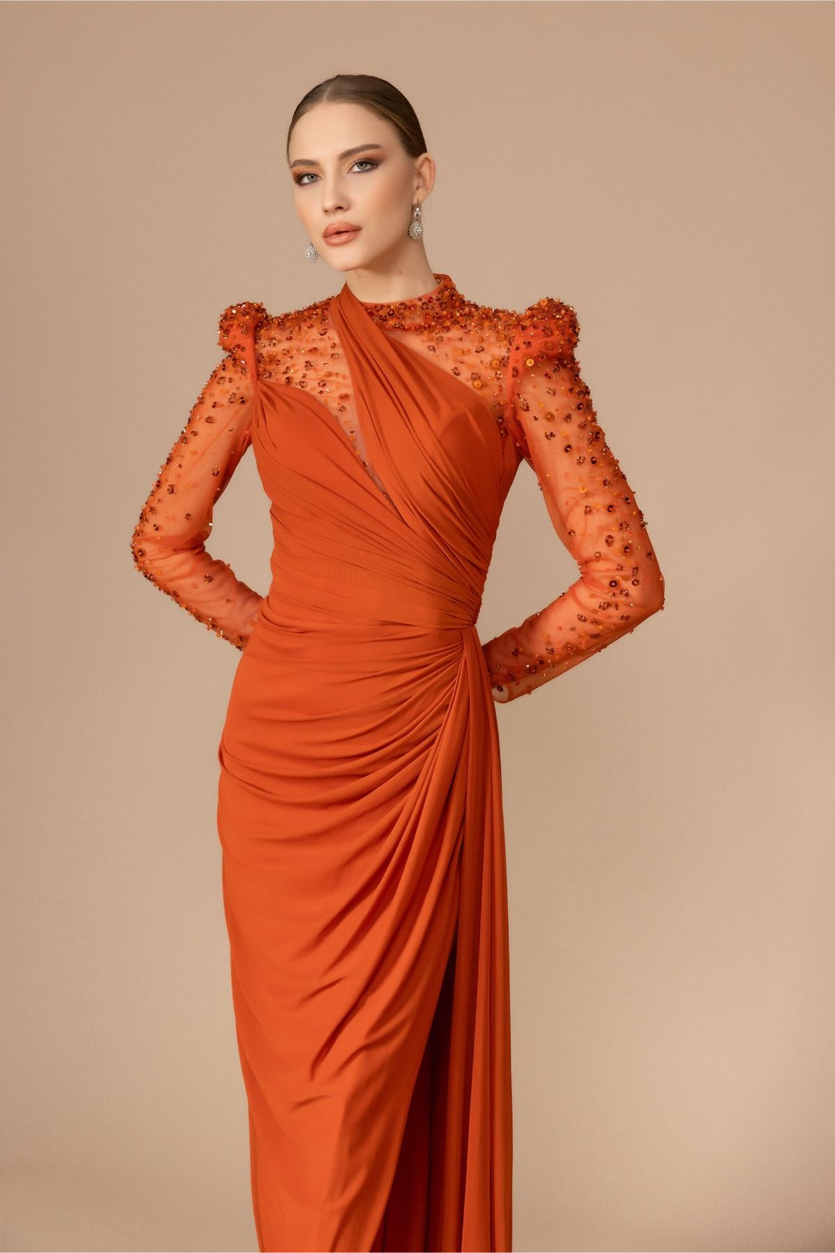 Long Evening Dress with Stone Embroidered Shoulders and Sleeves and Slits