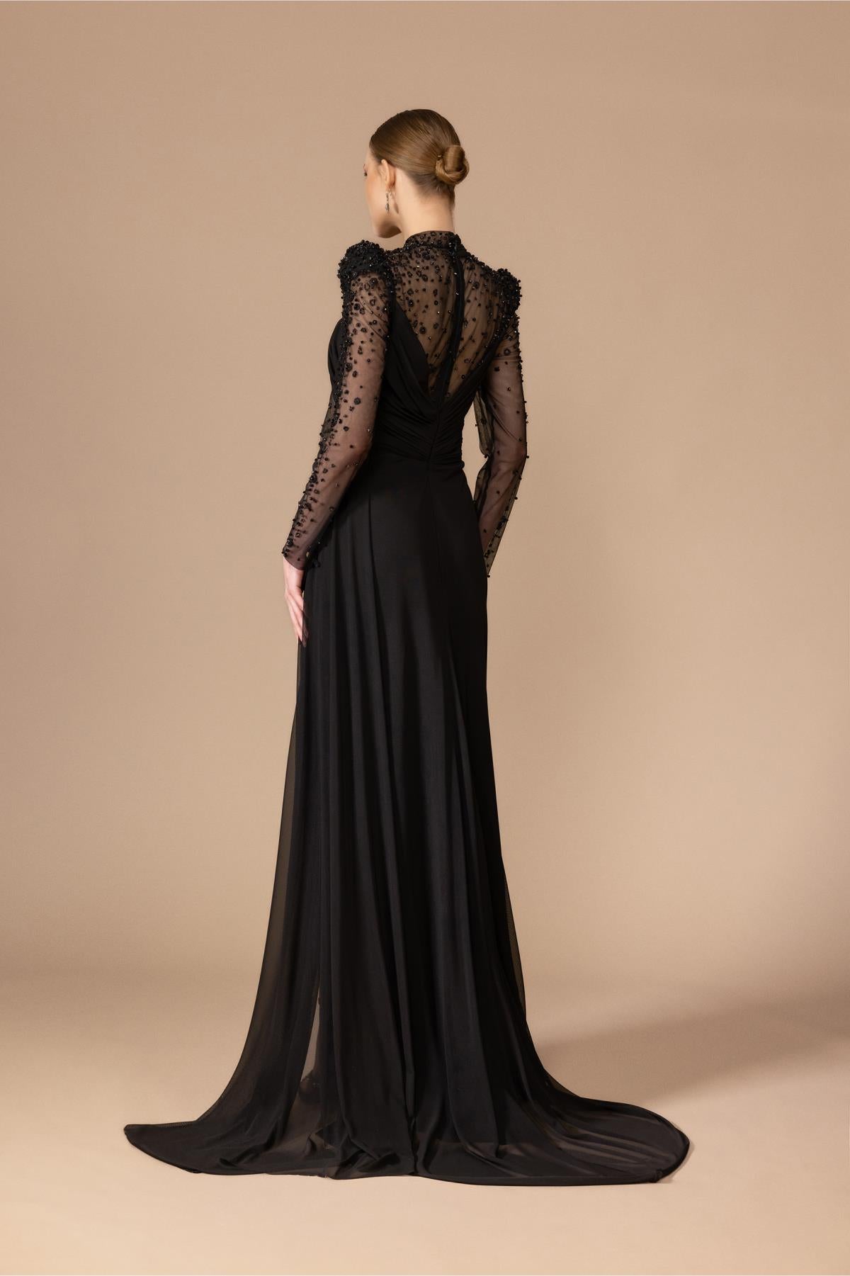 Long Evening Dress with Stone Embroidered Shoulders and Sleeves and Slits