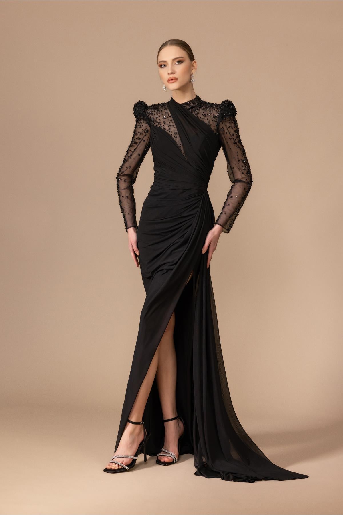 Long Evening Dress with Stone Embroidered Shoulders and Sleeves and Slits