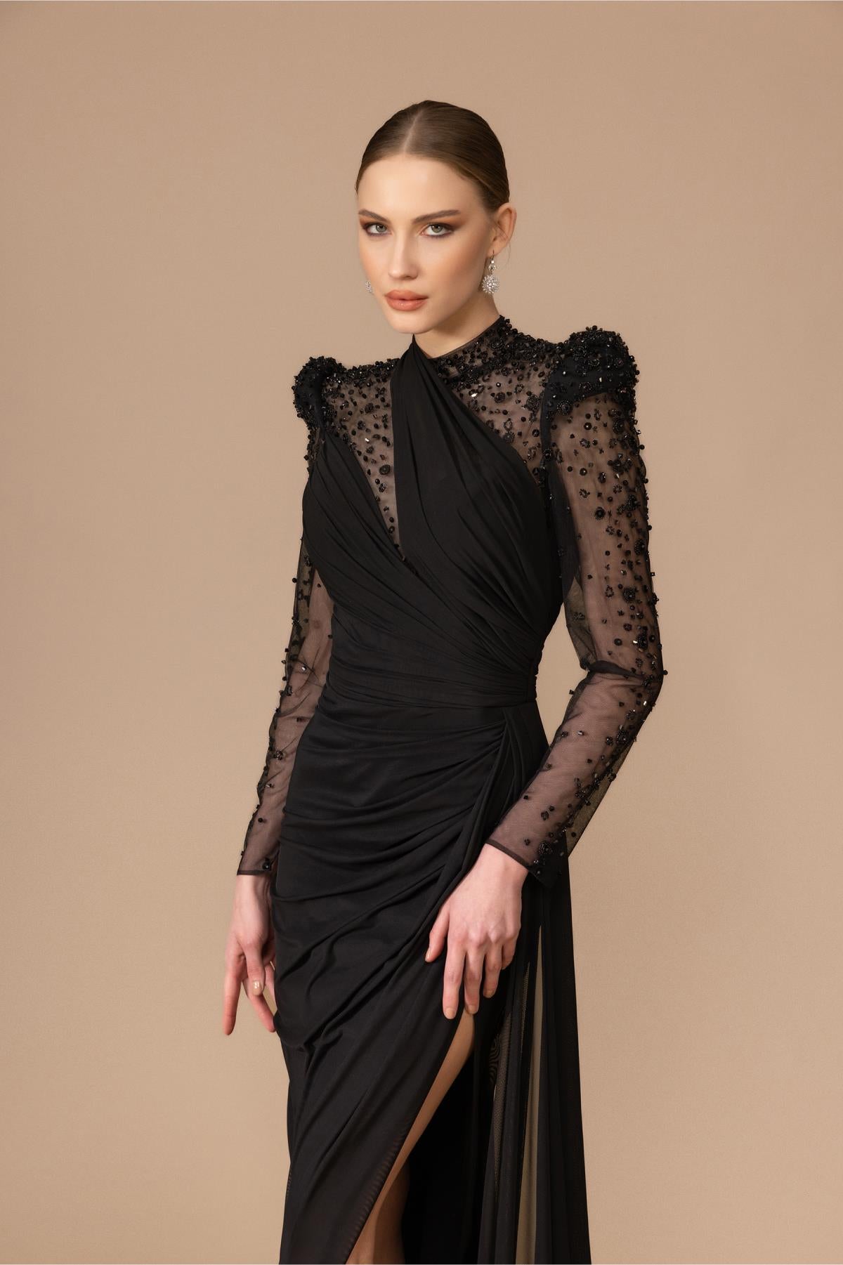 Long Evening Dress with Stone Embroidered Shoulders and Sleeves and Slits