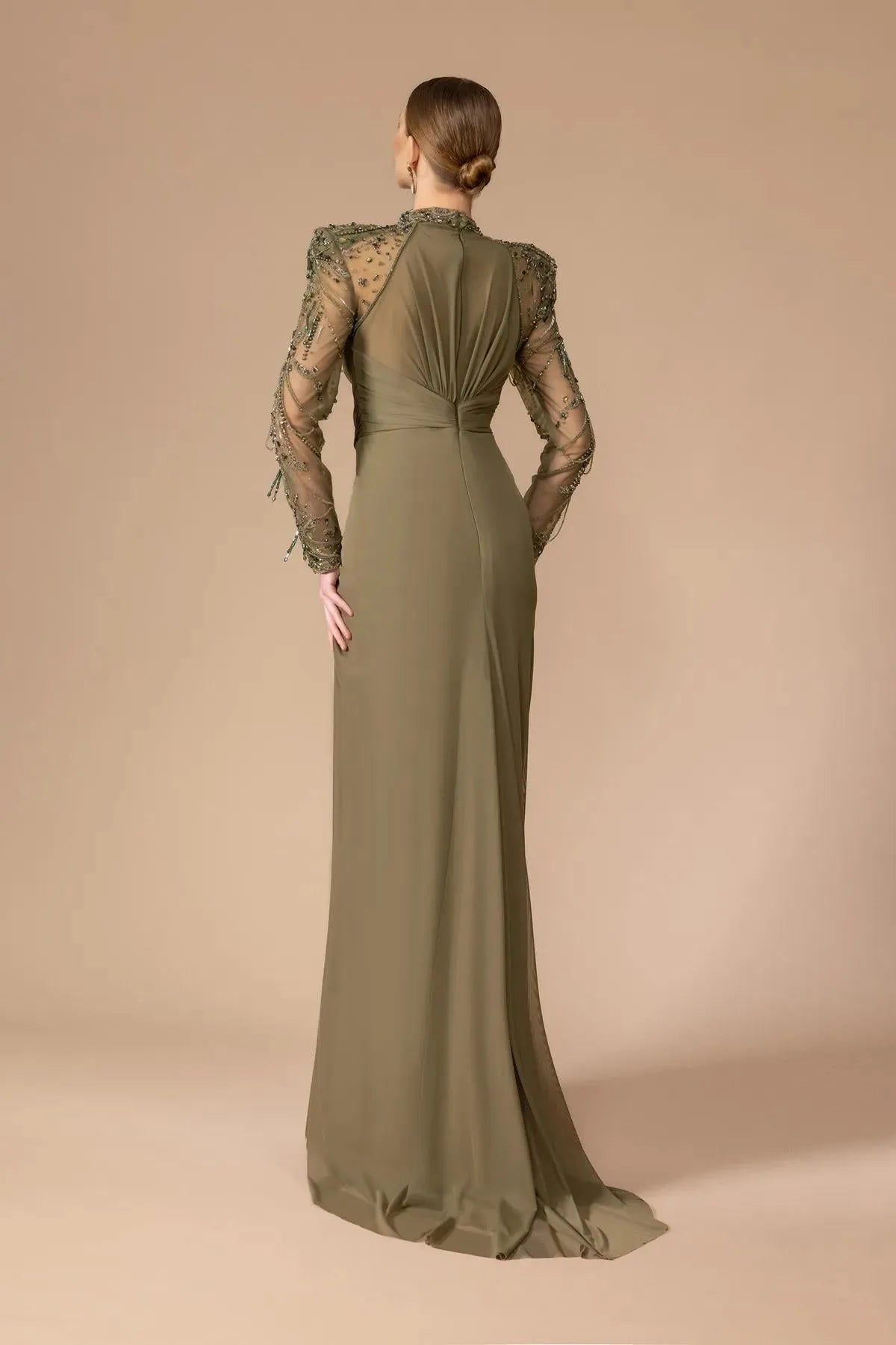 Embroidered Transparent Long Sleeve Detailed Slit Long Evening Dress
