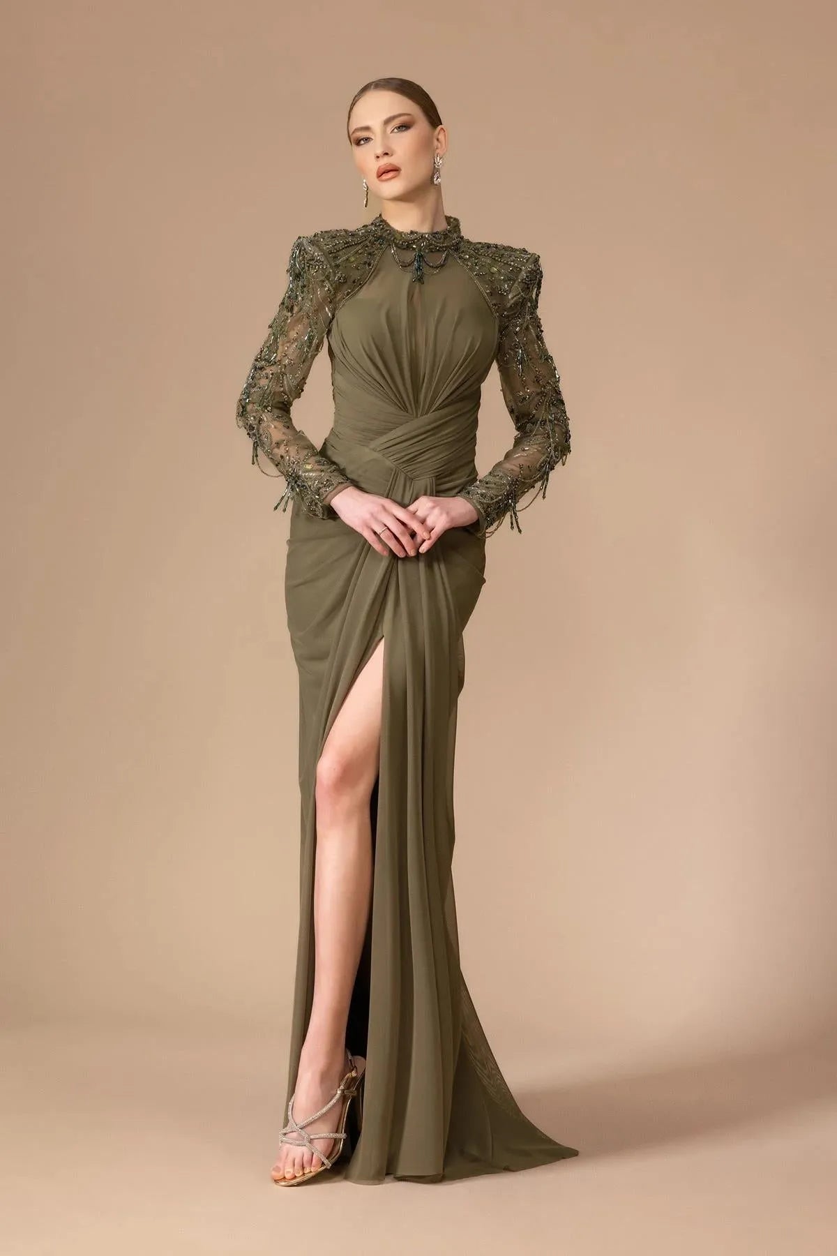 Embroidered Transparent Long Sleeve Detailed Slit Long Evening Dress