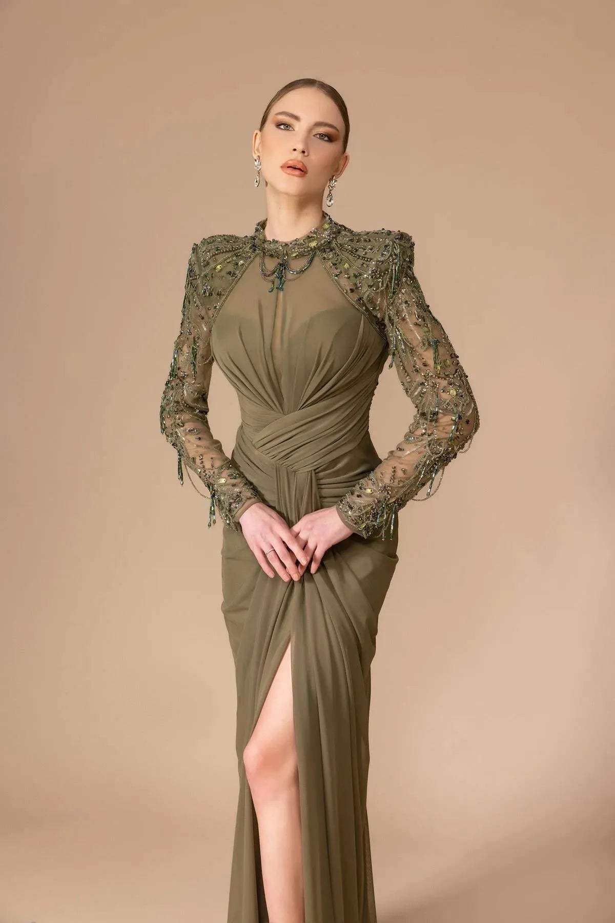 Embroidered Transparent Long Sleeve Detailed Slit Long Evening Dress