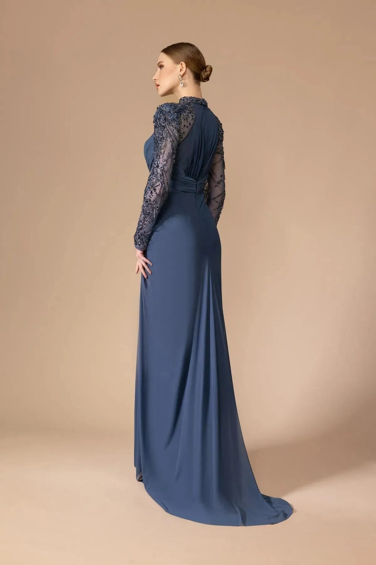 Embroidered Transparent Long Sleeve Detailed Slit Long Evening Dress