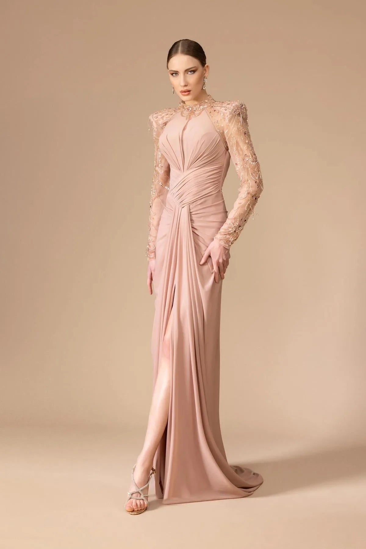 Embroidered Transparent Long Sleeve Detailed Slit Long Evening Dress