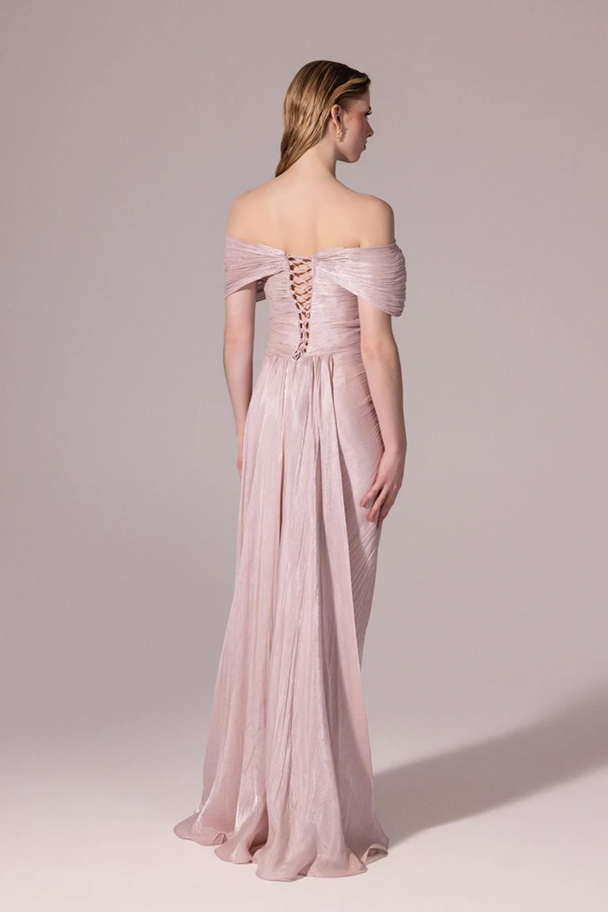 Embroidered Front Off Shoulder Crepe Long Evening Dress