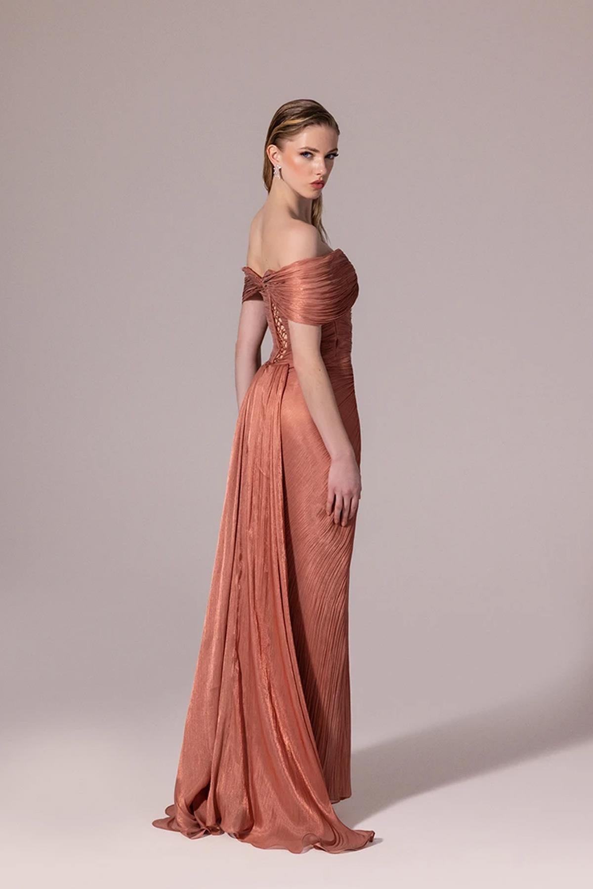 Embroidered Front Off Shoulder Crepe Long Evening Dress