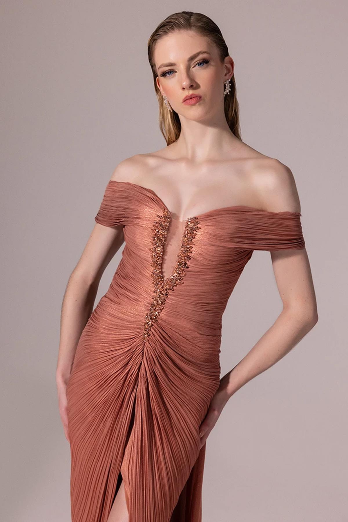 Embroidered Front Off Shoulder Crepe Long Evening Dress