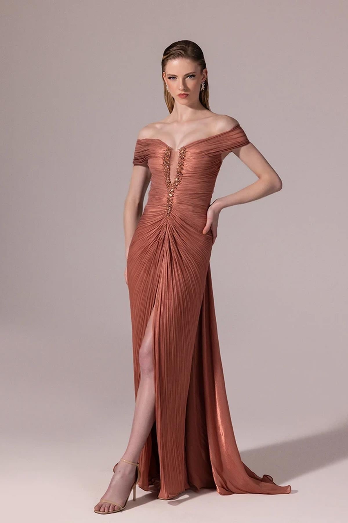 Embroidered Front Off Shoulder Crepe Long Evening Dress