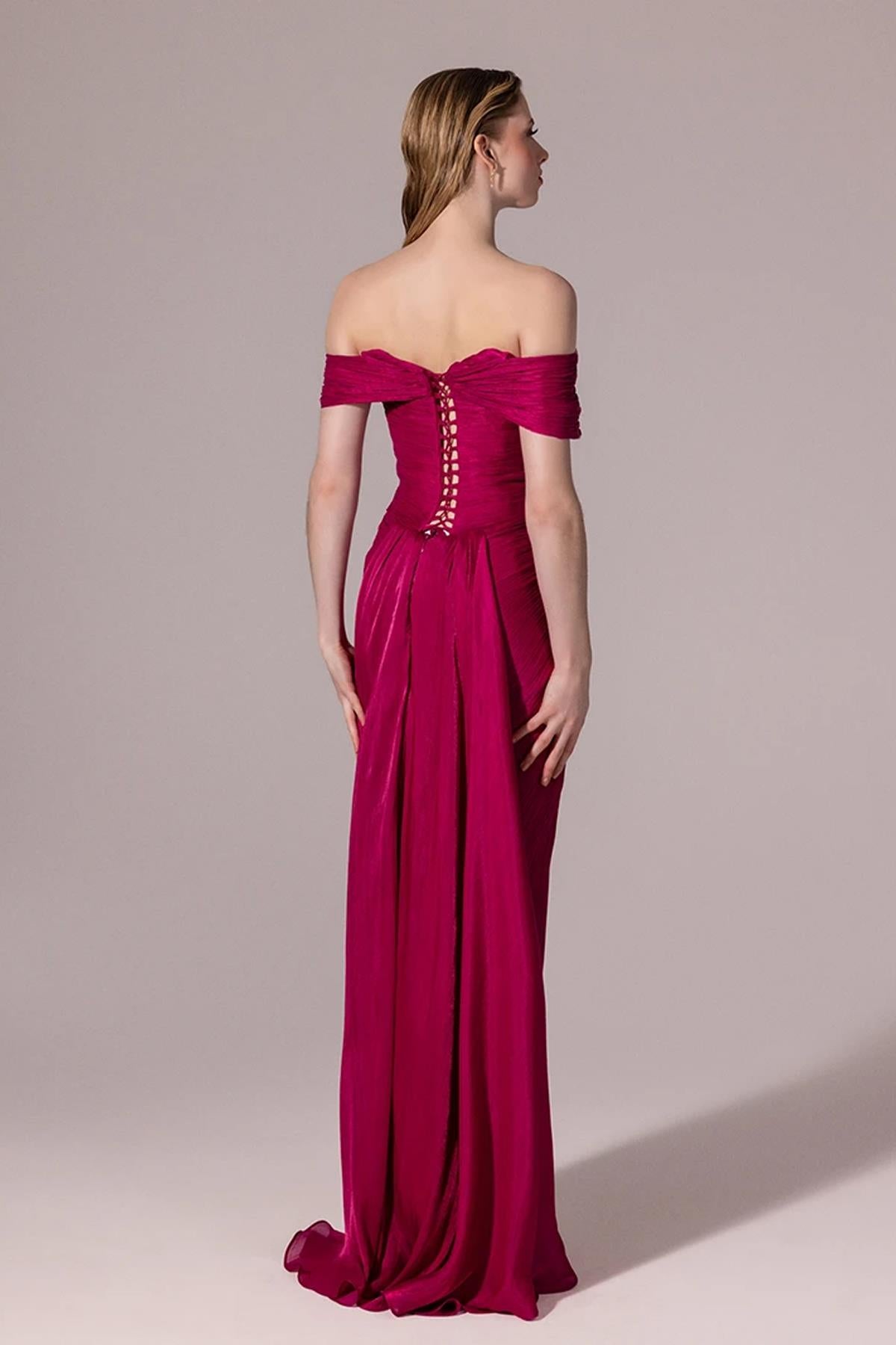 Embroidered Front Off Shoulder Crepe Long Evening Dress