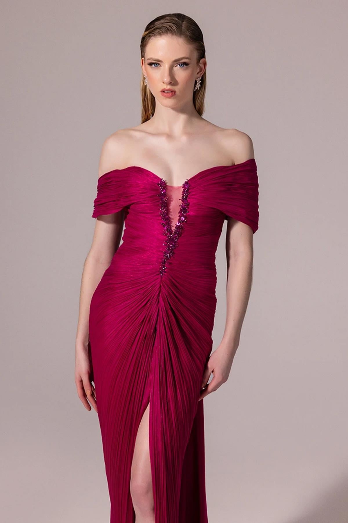 Embroidered Front Off Shoulder Crepe Long Evening Dress