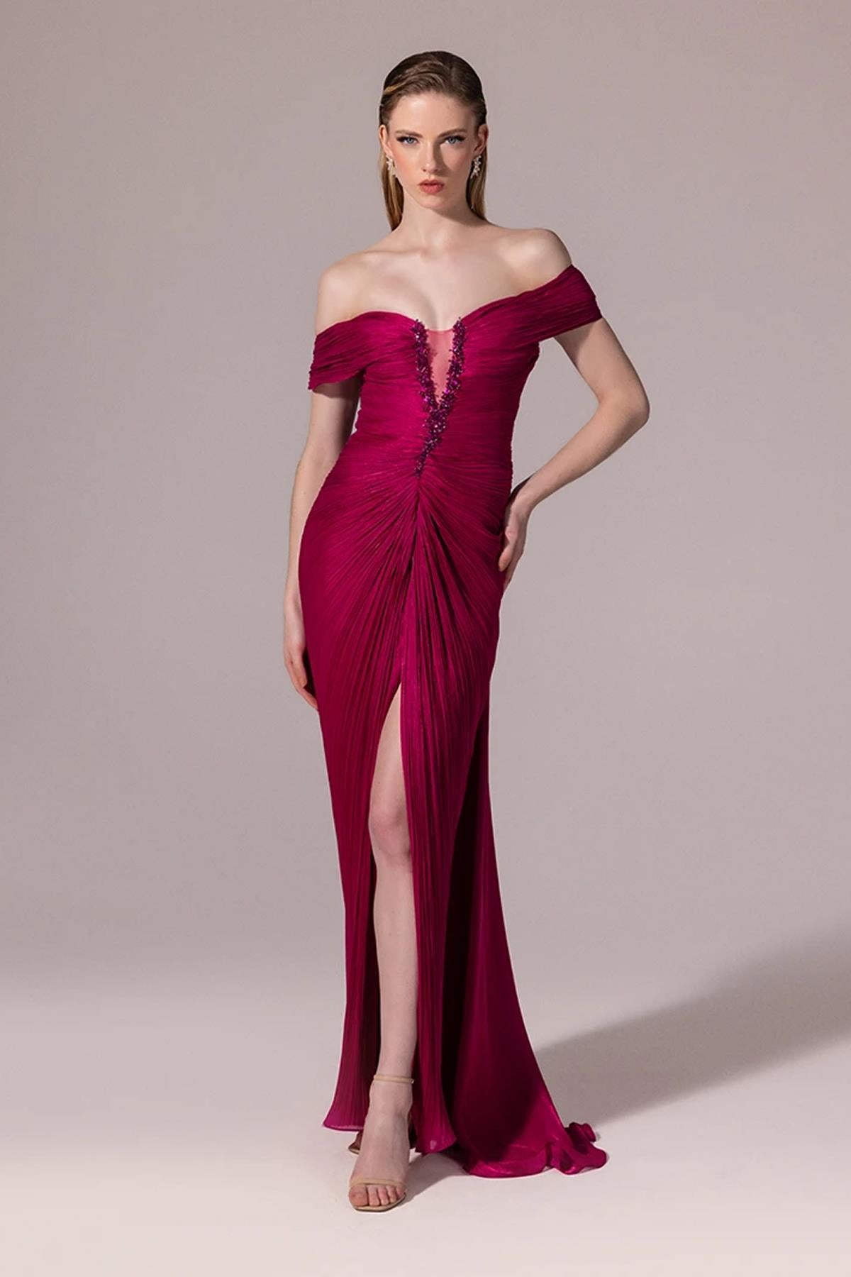 Embroidered Front Off Shoulder Crepe Long Evening Dress