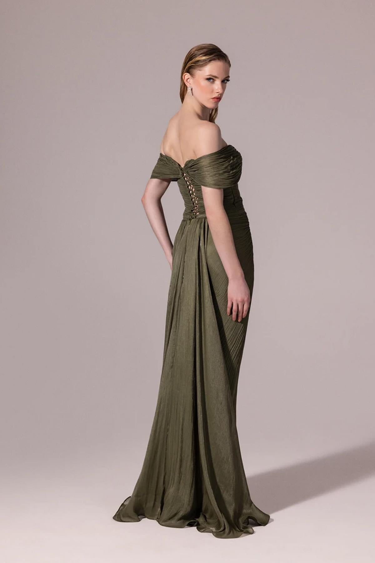 Embroidered Front Off Shoulder Crepe Long Evening Dress