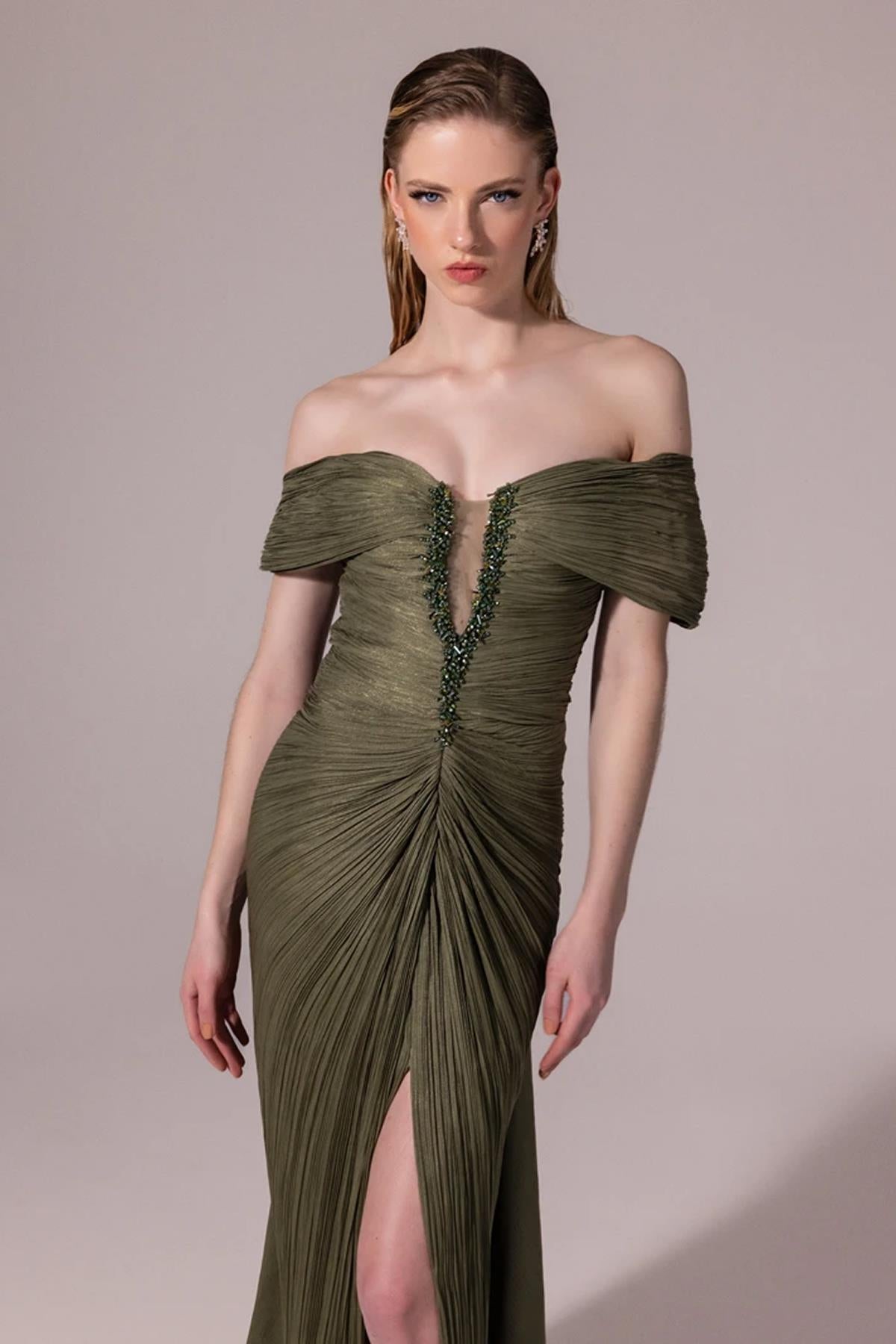 Embroidered Front Off Shoulder Crepe Long Evening Dress