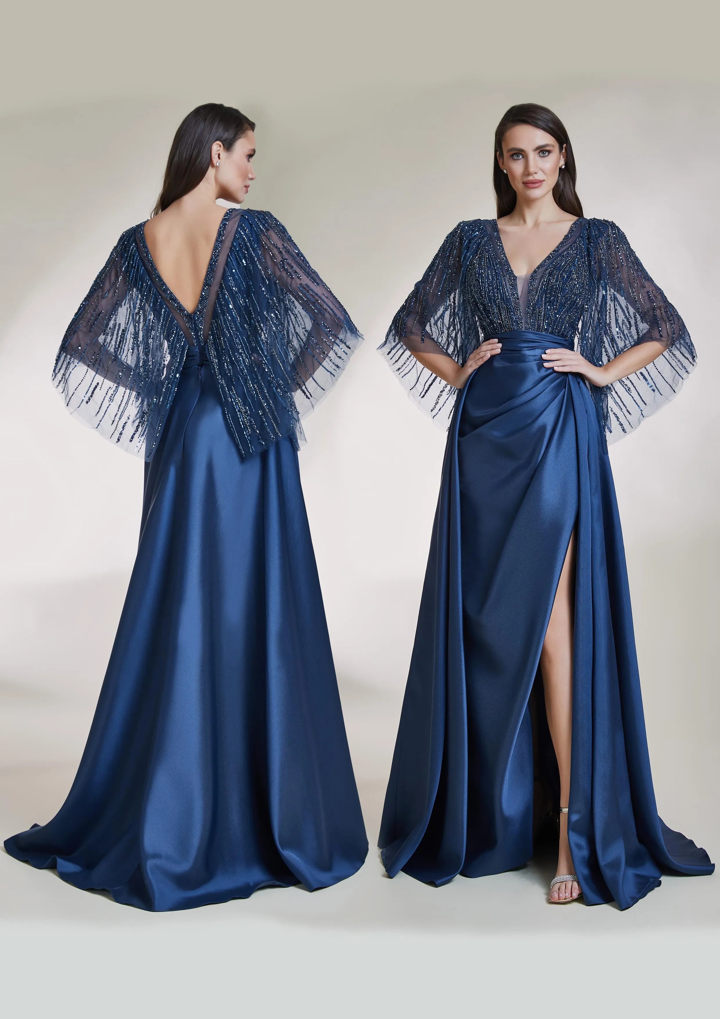 Beaded Lace V-Neck Draped Long Evening Dress