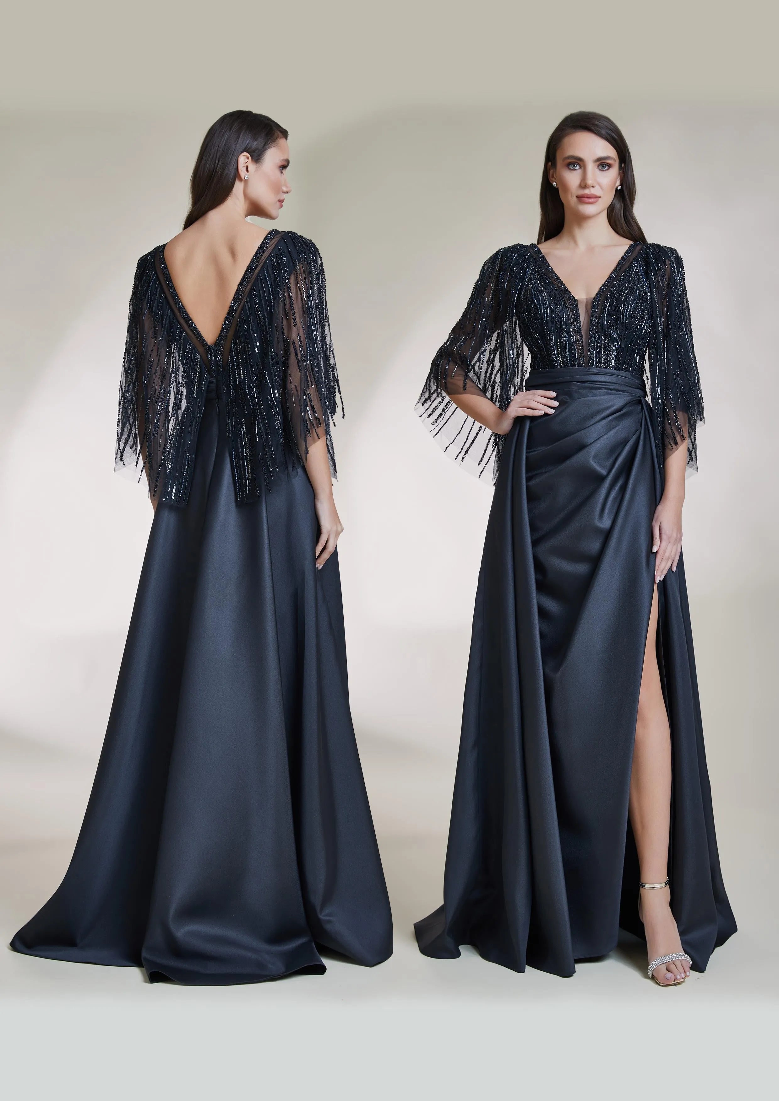 Beaded Lace V-Neck Draped Long Evening Dress