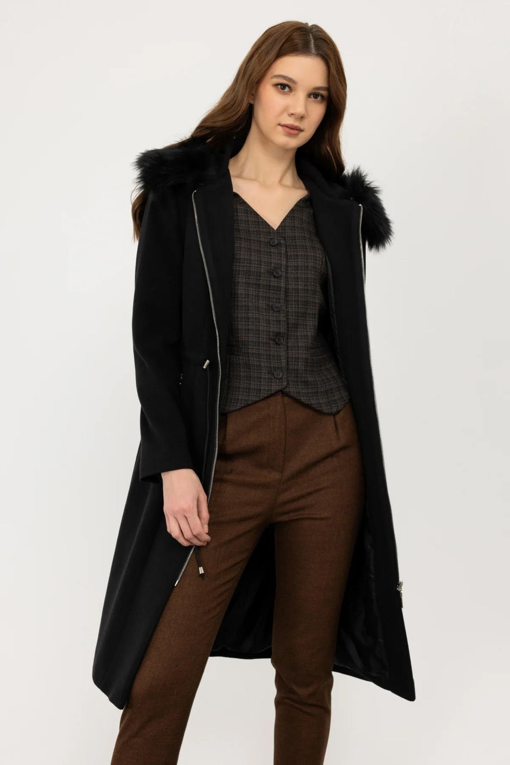 Womens Mid Length Zipper Coat with Furry Hood