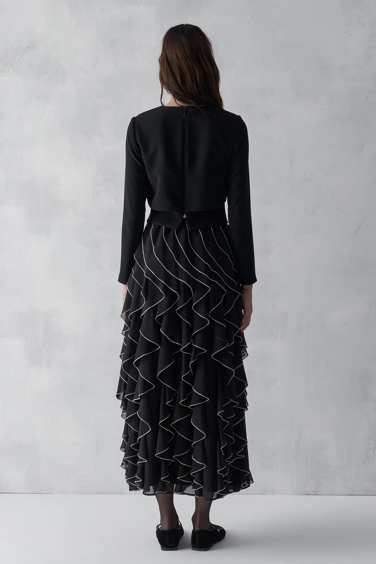 Eteği Fırfır Detaylı Beli Fiyonklu Bluz Takım