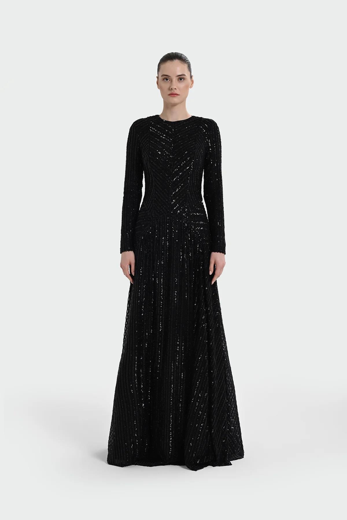 Uzun Kollu Payet Detaylı Abiye Elbise