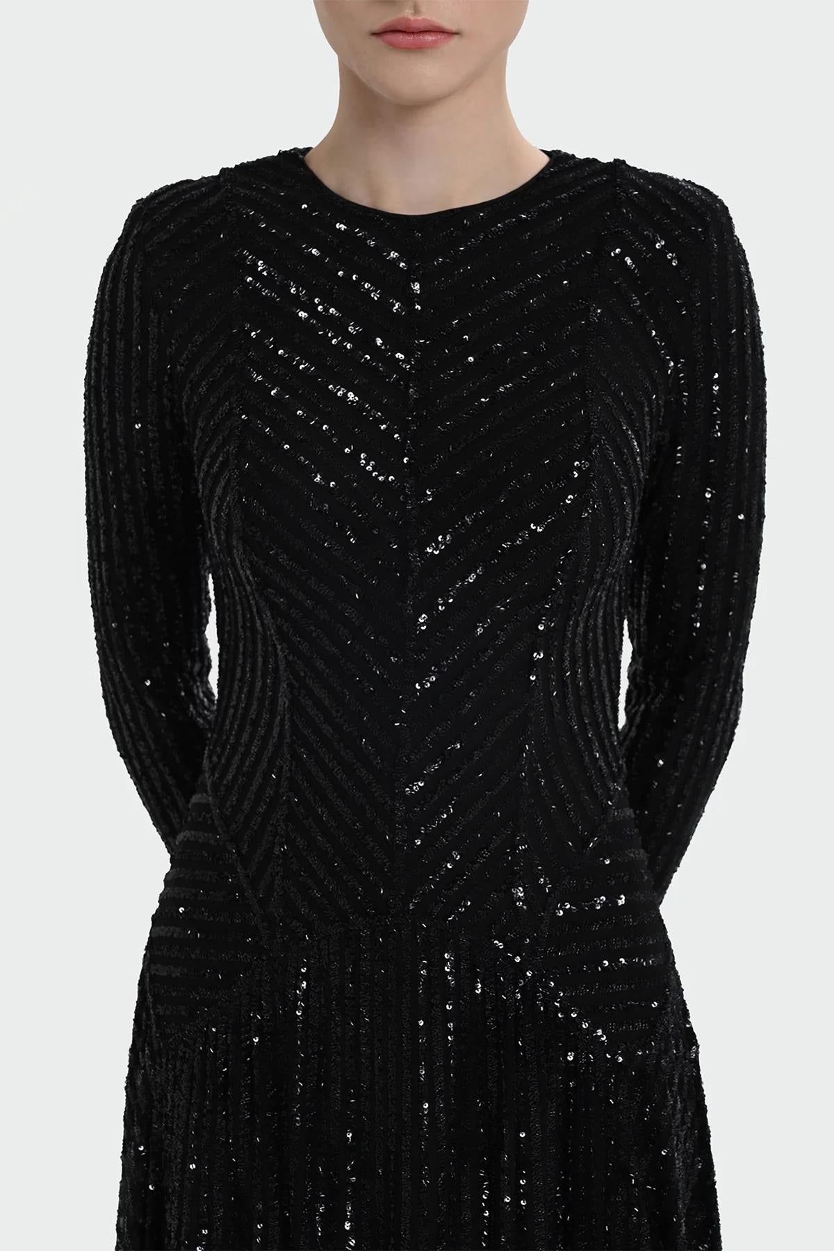 Uzun Kollu Payet Detaylı Abiye Elbise