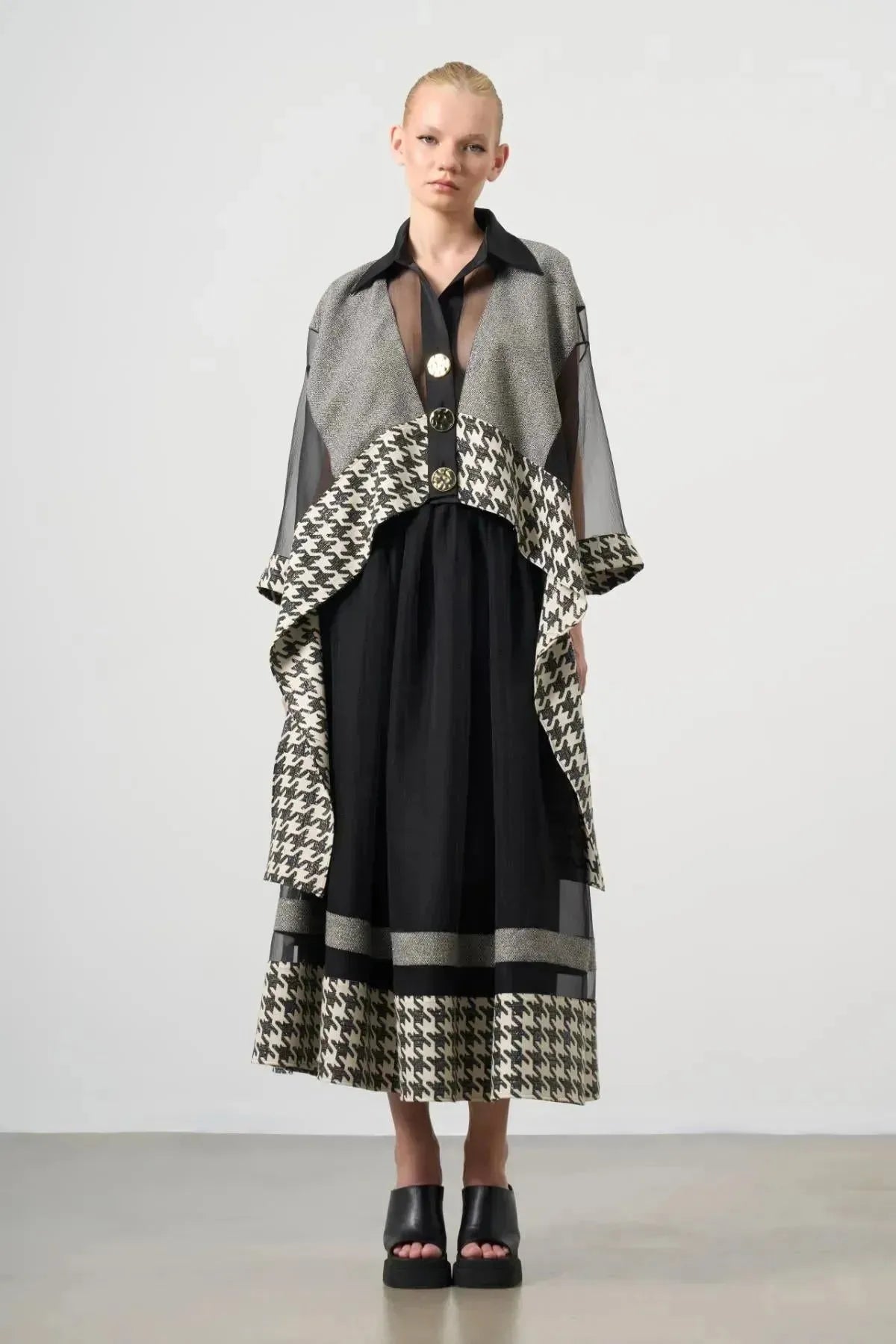 Houndstooth Patterned Chiffon Blouse