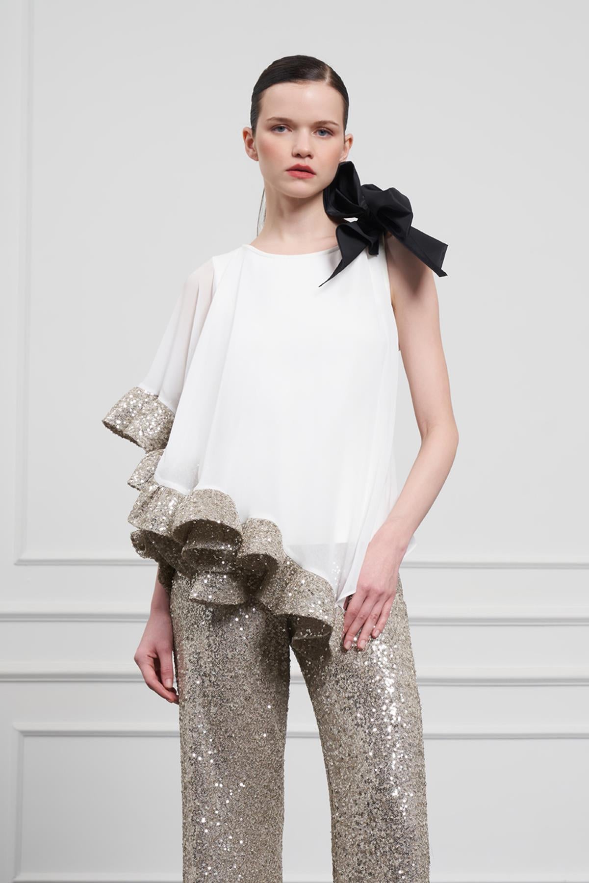 One Shoulder Ribbon Side Pleated Ruffle Blouse