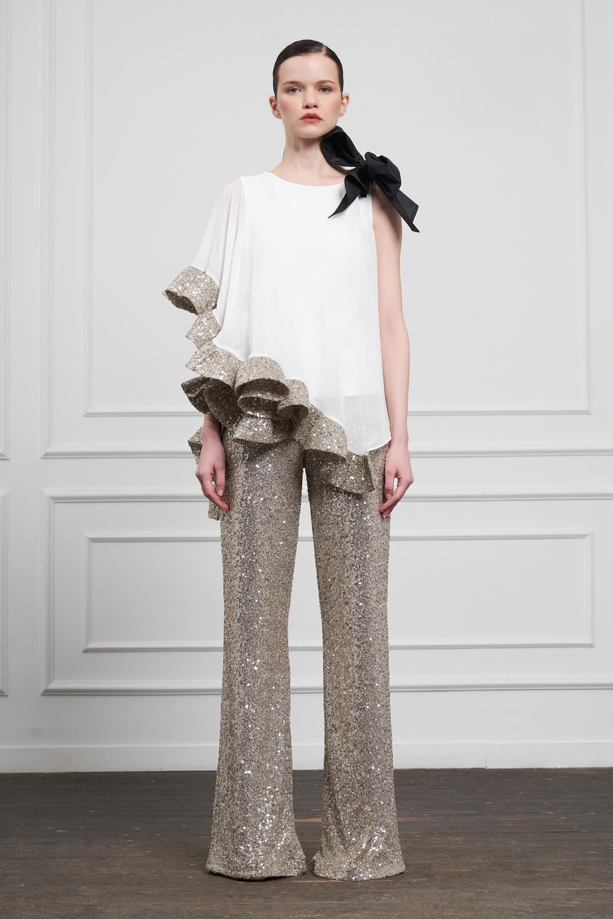 One Shoulder Ribbon Side Pleated Ruffle Blouse
