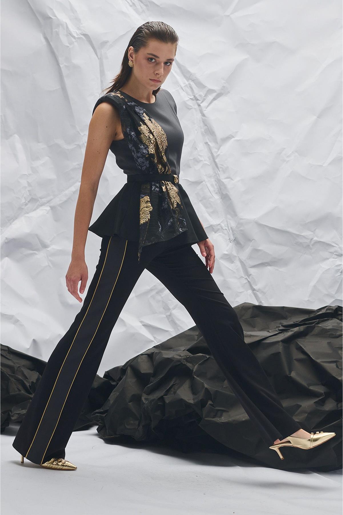 Metallic Gold Patterned Belted Sleeveless Blouse