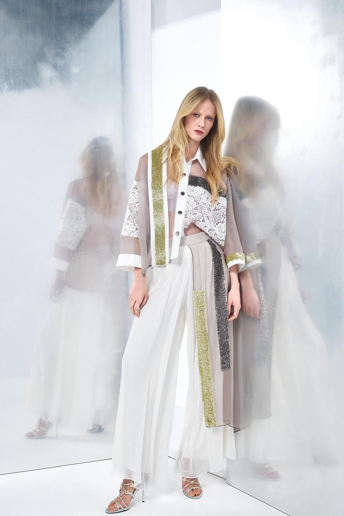 Şifon Detaylı Geniş Paça Pantoloın