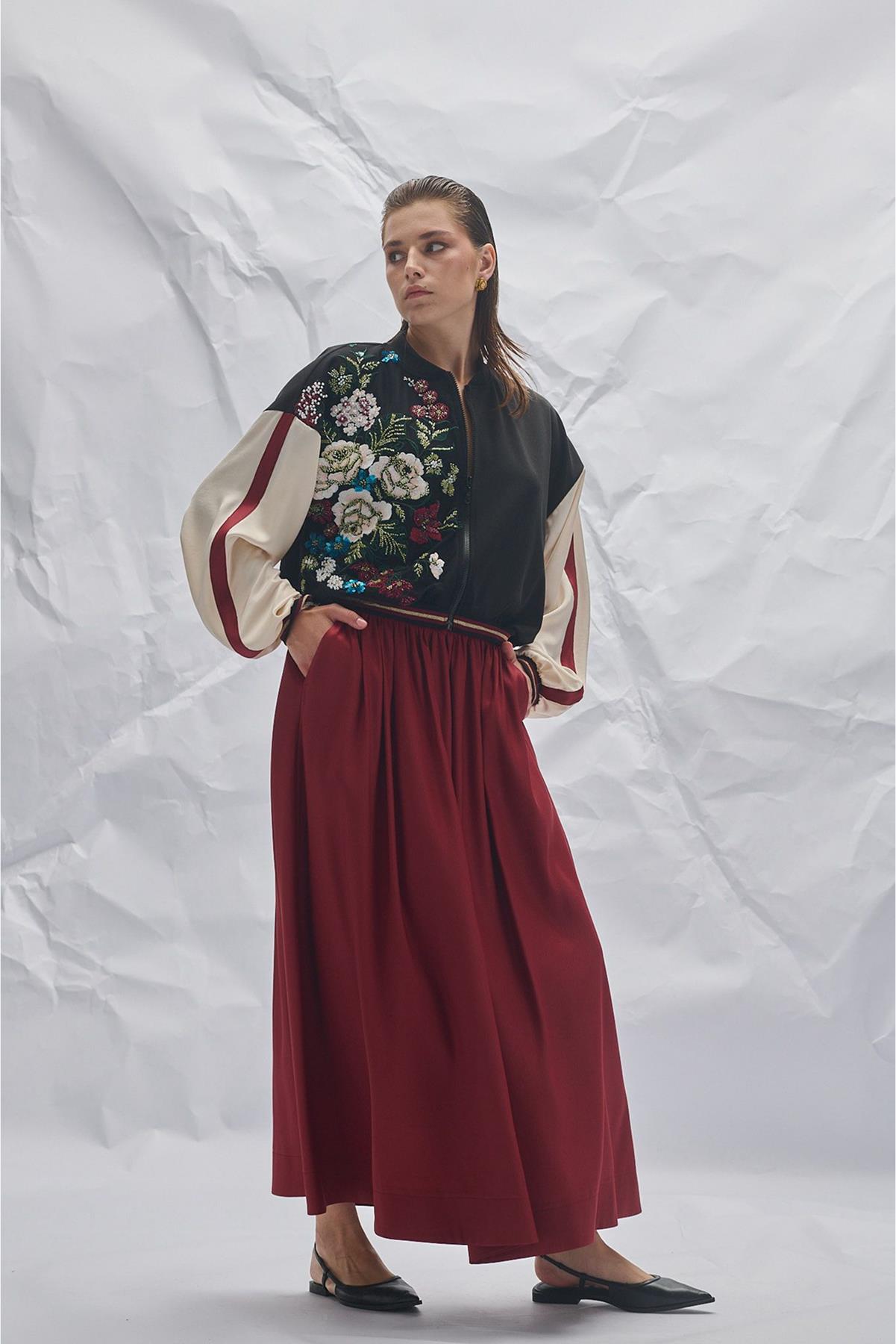 Front Floral Embroidered Zippered Short Jacket