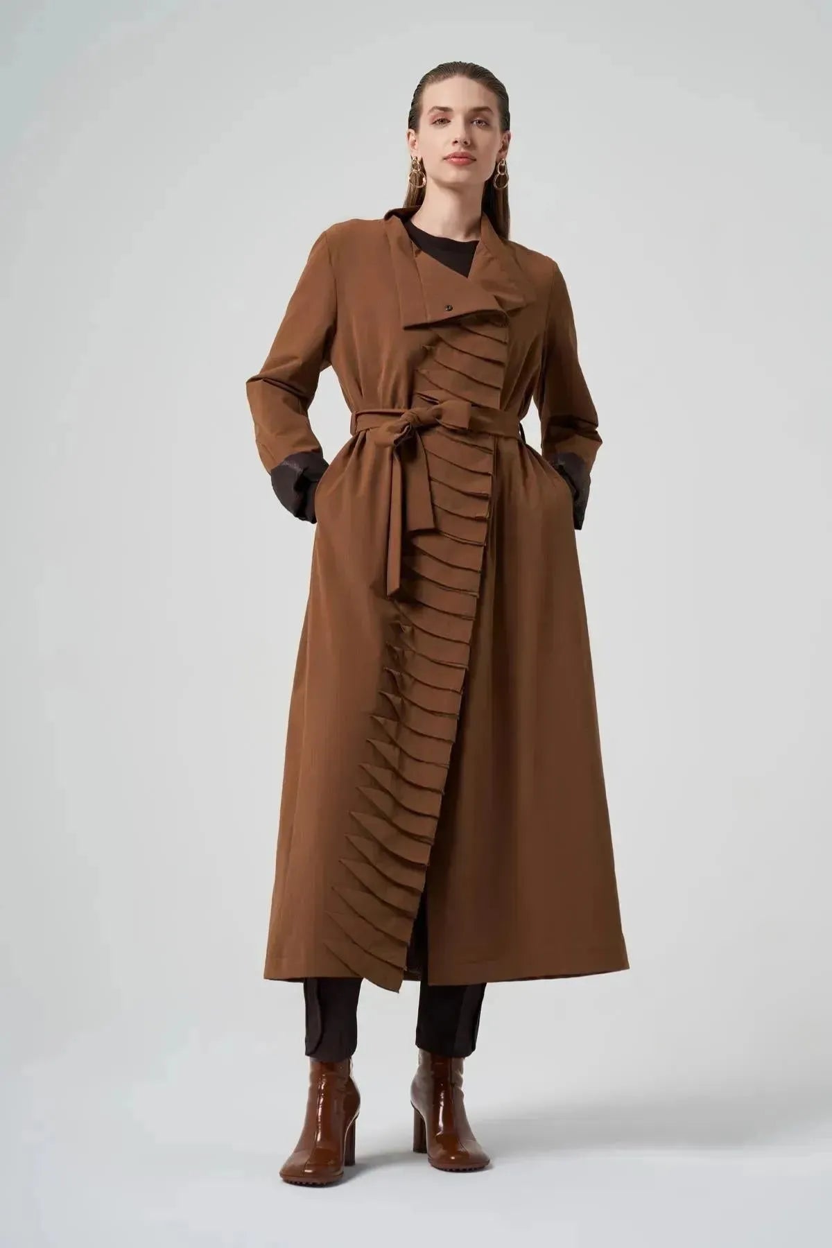 Waist Belted Ribbed Coat