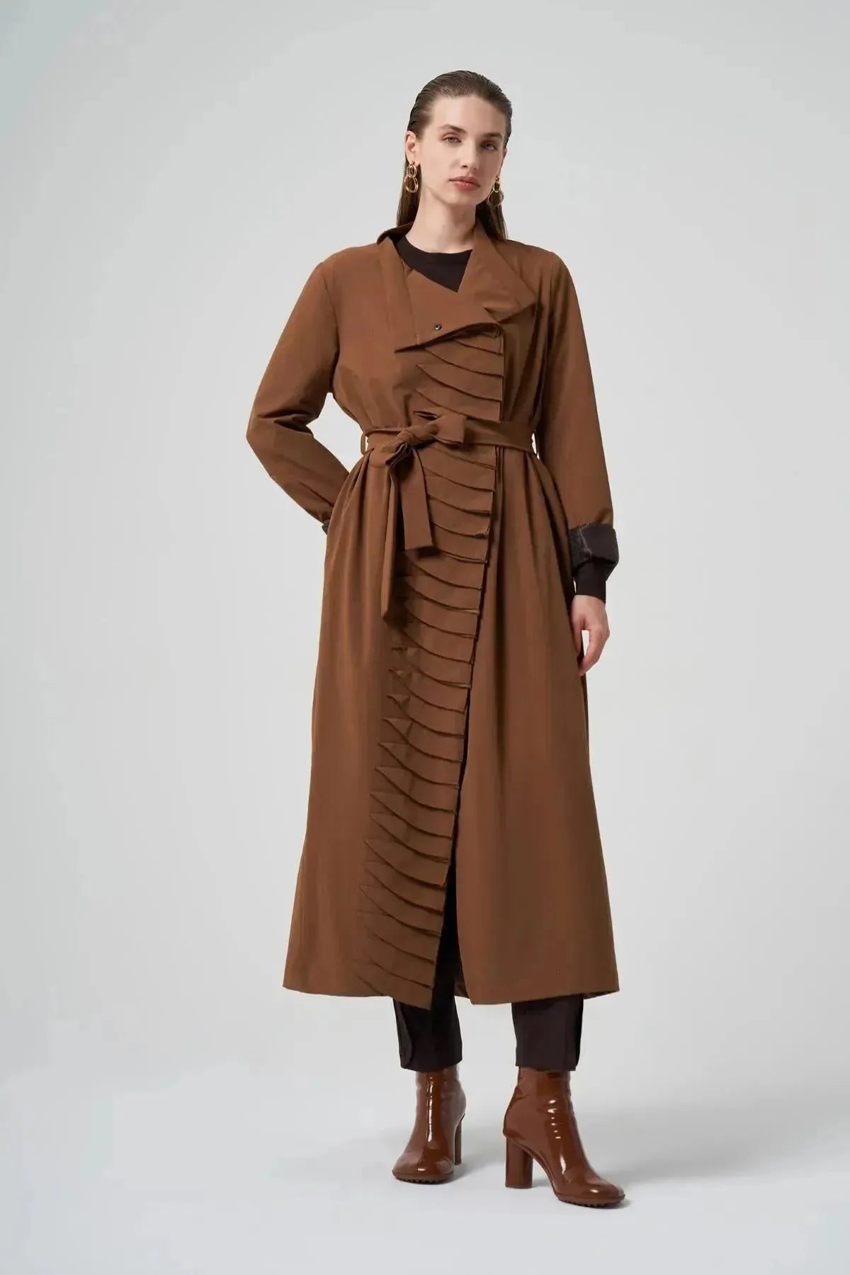 Waist Belted Ribbed Coat