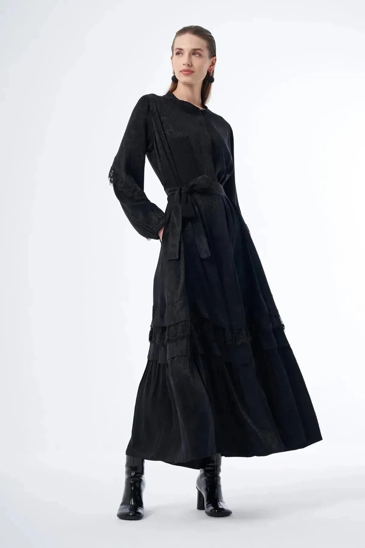 Cupro Jacquard Topcoat with Guipure Details