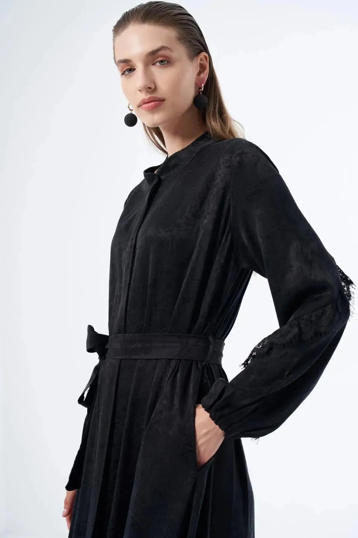 Cupro Jacquard Topcoat with Guipure Details