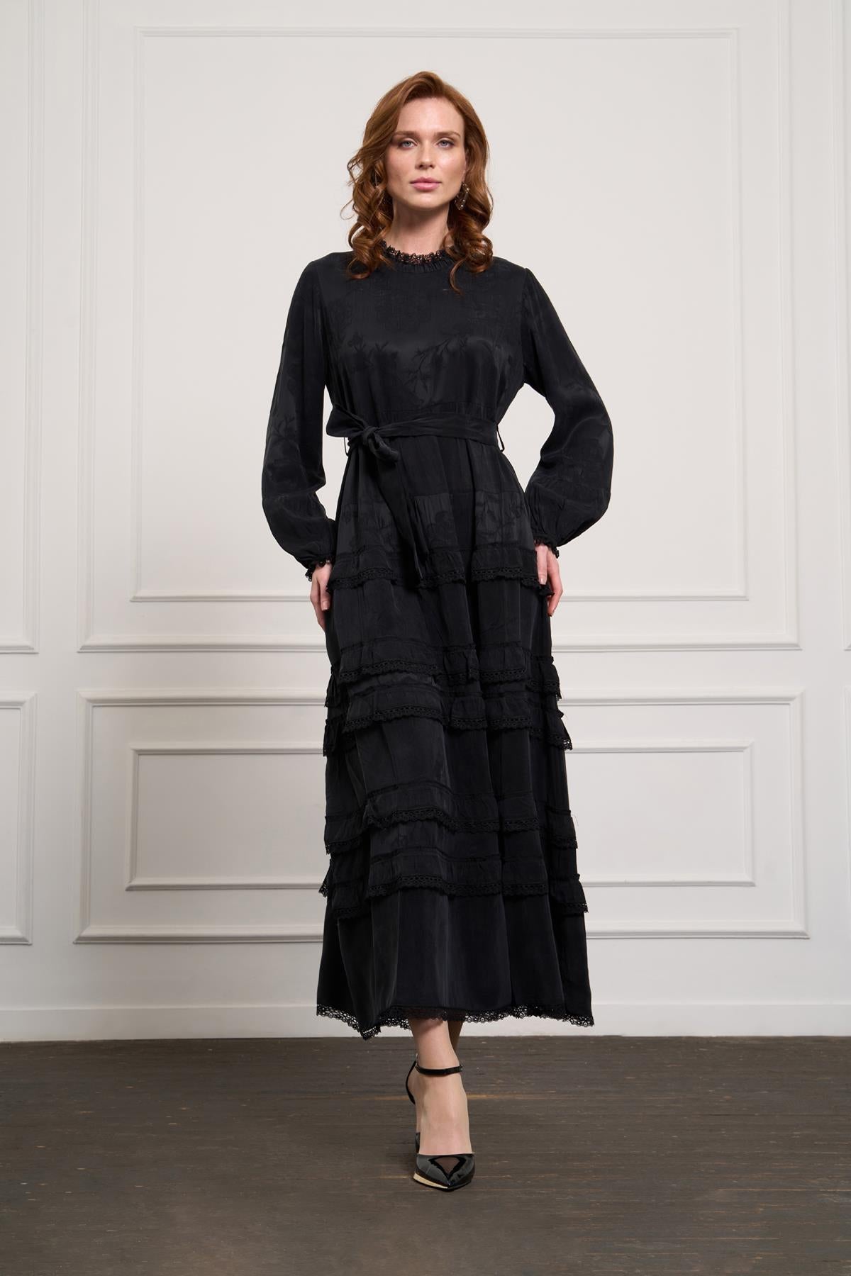 Belt Detailed Patterned and Lace Cupro Dress