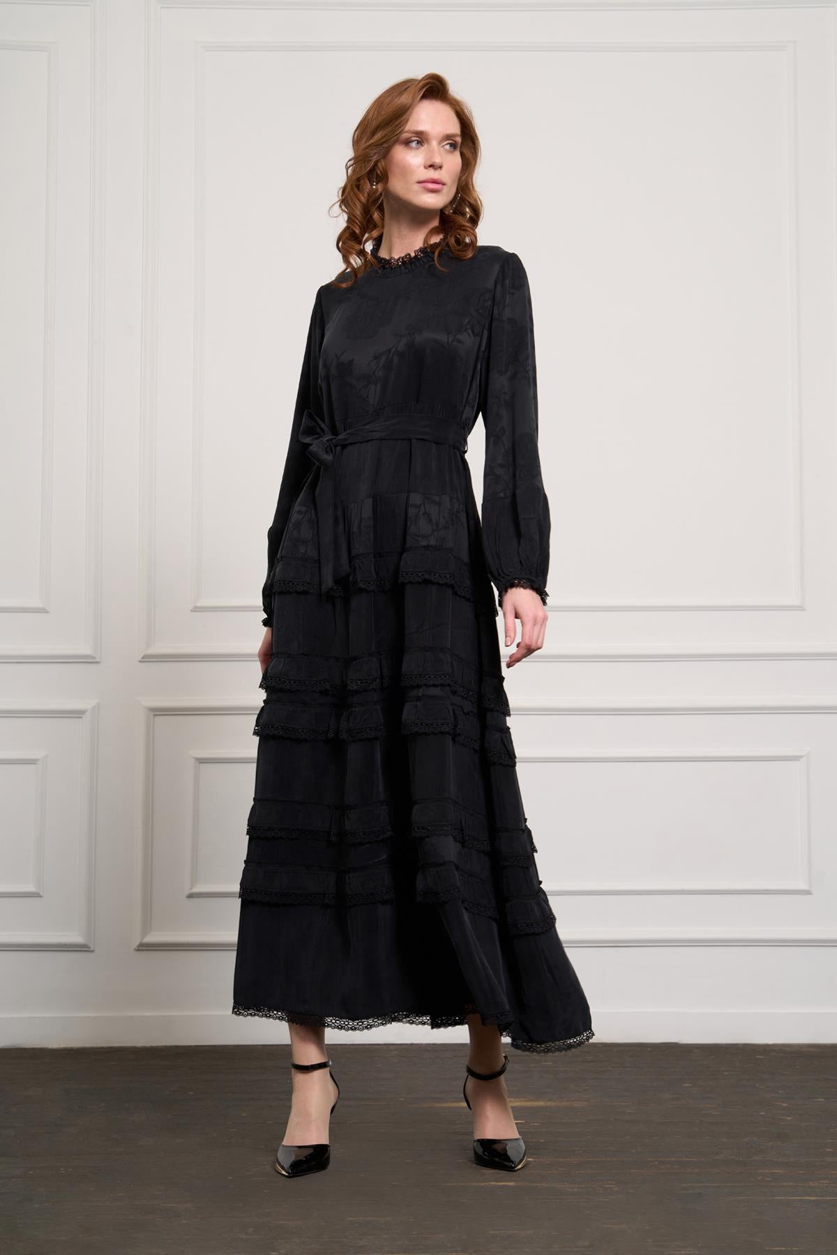 Belt Detailed Patterned and Lace Cupro Dress